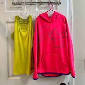 Girls Youth Large Under Armour tank and loose fit hoodie bundle yellow pink blue